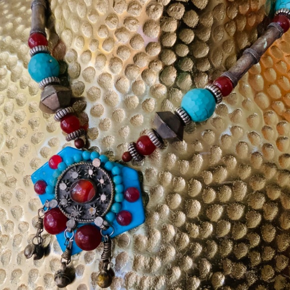 Handmade NECKLACE TURQ HOWLITE/CARNELIAN STONE UNIQUE VINTAGE AFGHAN Silver - Picture 13 of 16